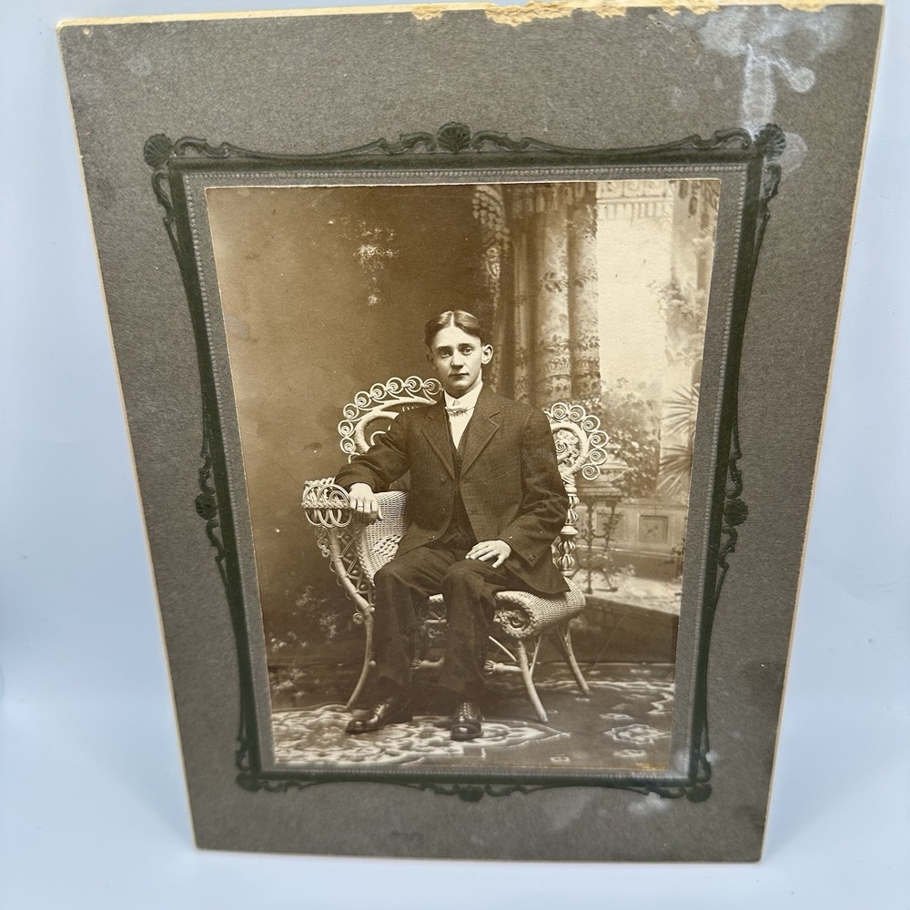 VTG‎ Antique Old Time Photo Man Boy Sitting In Chair Early 1900's Black & White
